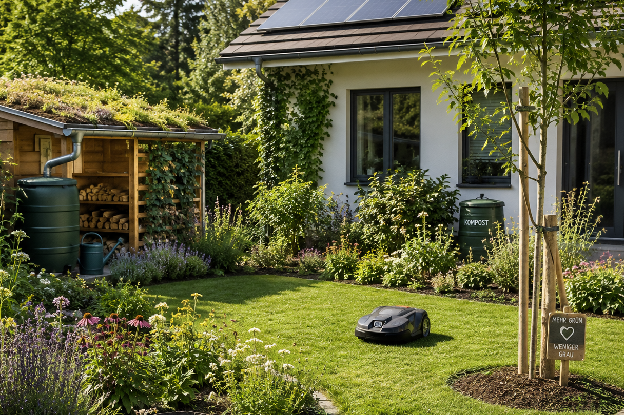 Ein gepflegter Garten mit Rasen, Pflanzen und einem Rasenmäher auf automatischer Fahrt.
